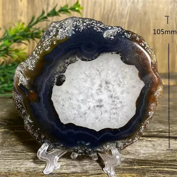 Stunning Agate Slice with Stand: Dark, banded agate with a sparkling white geode center, 105mm tall, for grounding energy.