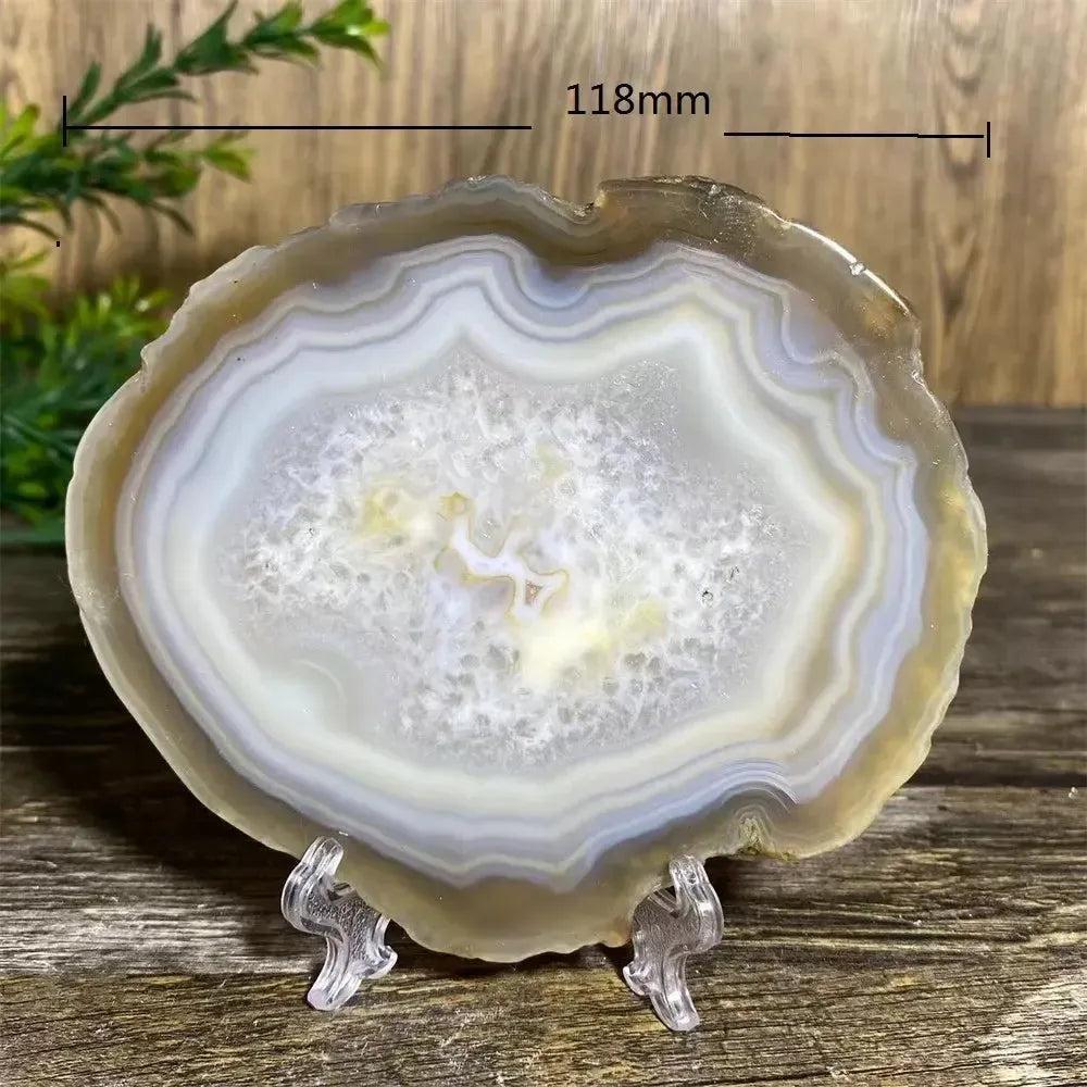 Stunning 118mm Agate Slice with Stand, showcasing warm amber, cream, and translucent bands for grounding energy.