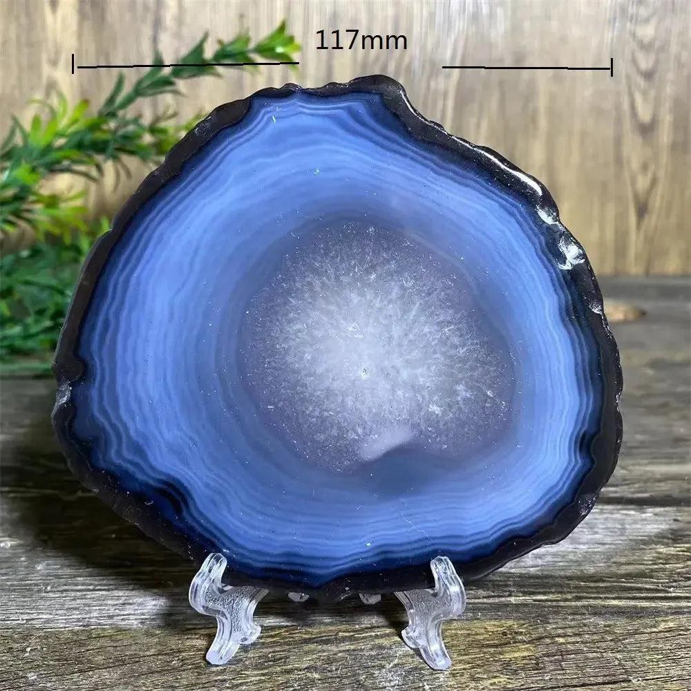 Stunning 117mm blue Agate Slice with Stand, showcasing intricate bands for grounding and emotional balance.