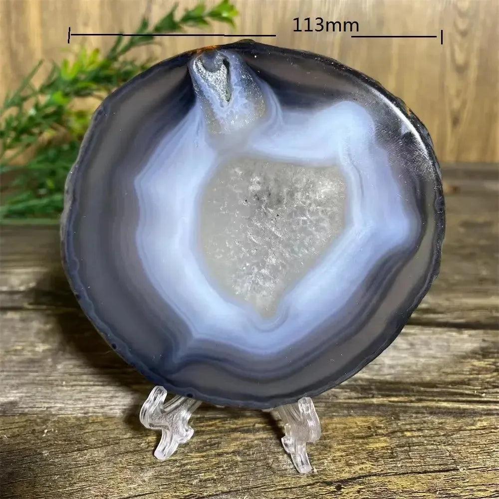 Stunning 113mm Agate Slice with Stand, showcasing natural bands of gray, white, and translucent layers for calm energy.
