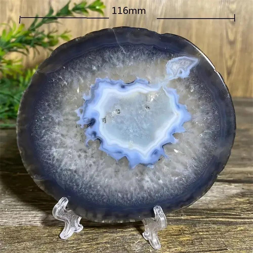 Stunning Agate Slice with Stand, 116mm, featuring a captivating blue and white banded pattern for balance and clarity.