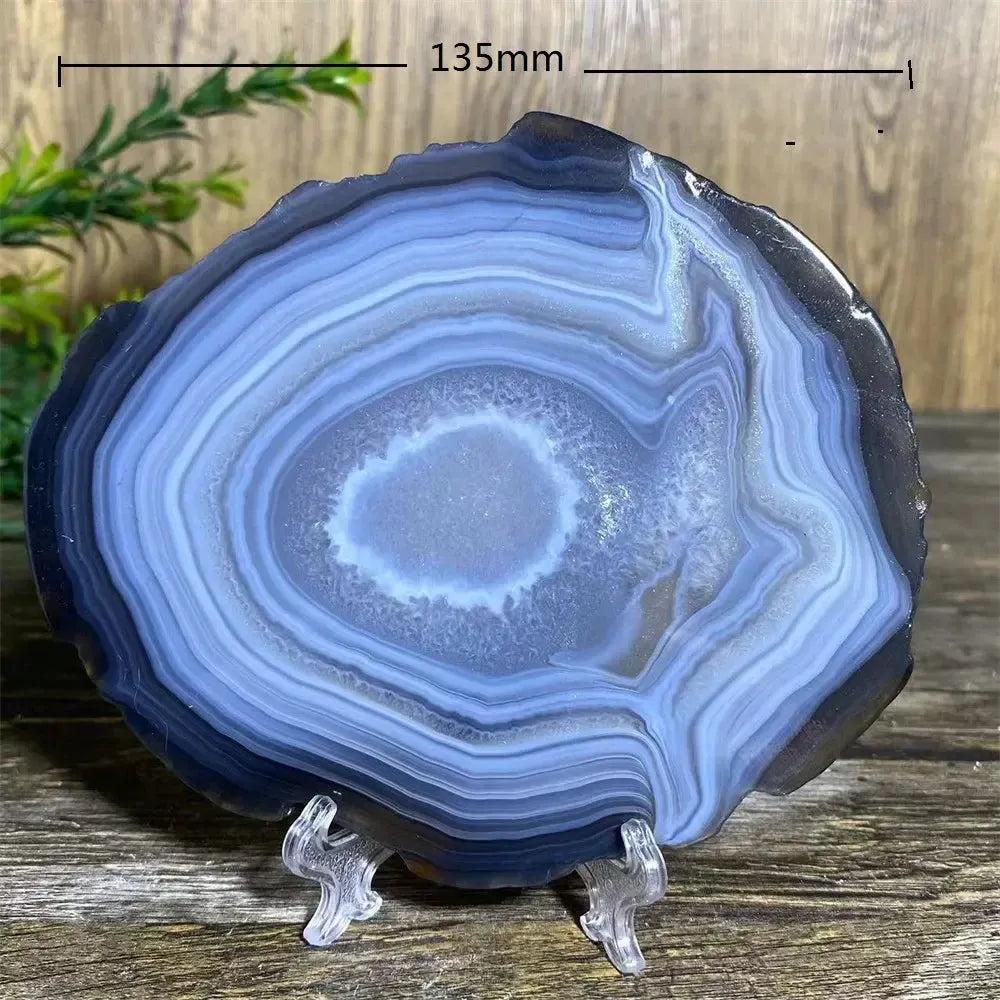Stunning 135mm Agate Slice with Stand, showcasing natural blue and white bands for grounding and balance.