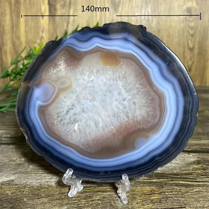 Stunning 140mm Agate Slice with Stand, showcasing amber, cream, and translucent bands for grounding energy.