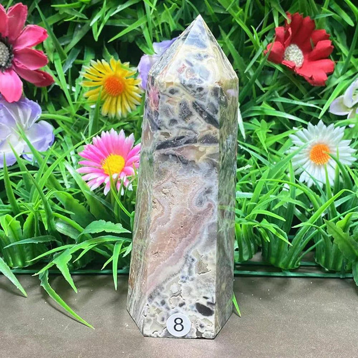 Polished Agate crystal tower with intricate earthy banding, perfect for grounding and stability in any crystal collection.