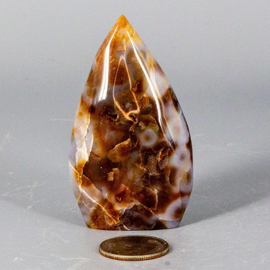 Agate Torch Freeform: unique, banded brown and white Agate crystal, tapered shape for meditation or display.
