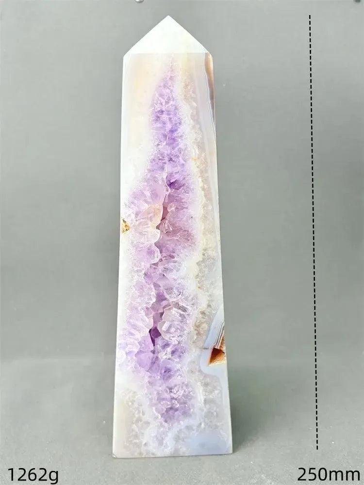 Polished Agate geode crystal tower with a sparkling purple druzy cave, earthy banding, and pointed top.