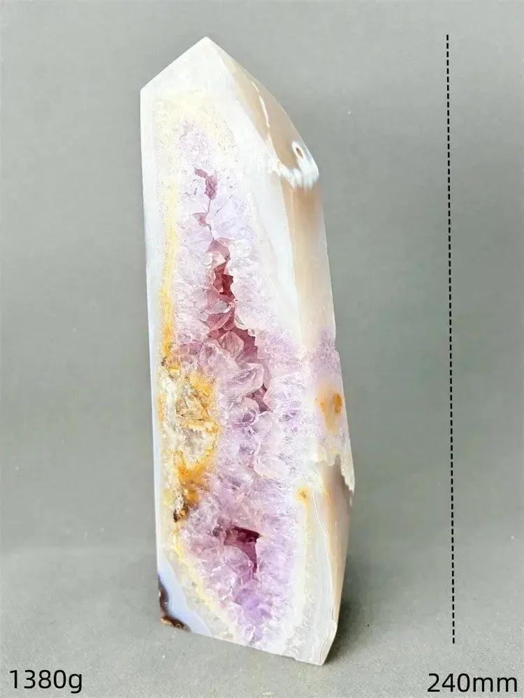 Polished Agate geode crystal tower with a sparkling purple druzy cave, earthy banding, and a pointed top.