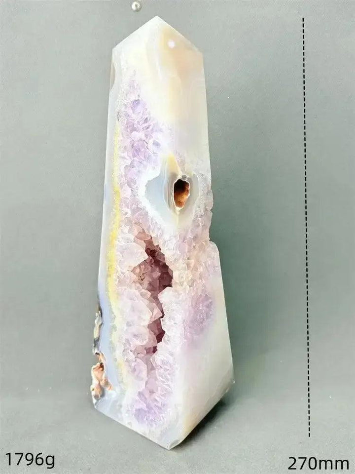 Polished Agate geode crystal tower with a sparkling purple druzy cave and earthy banding, 270mm tall.