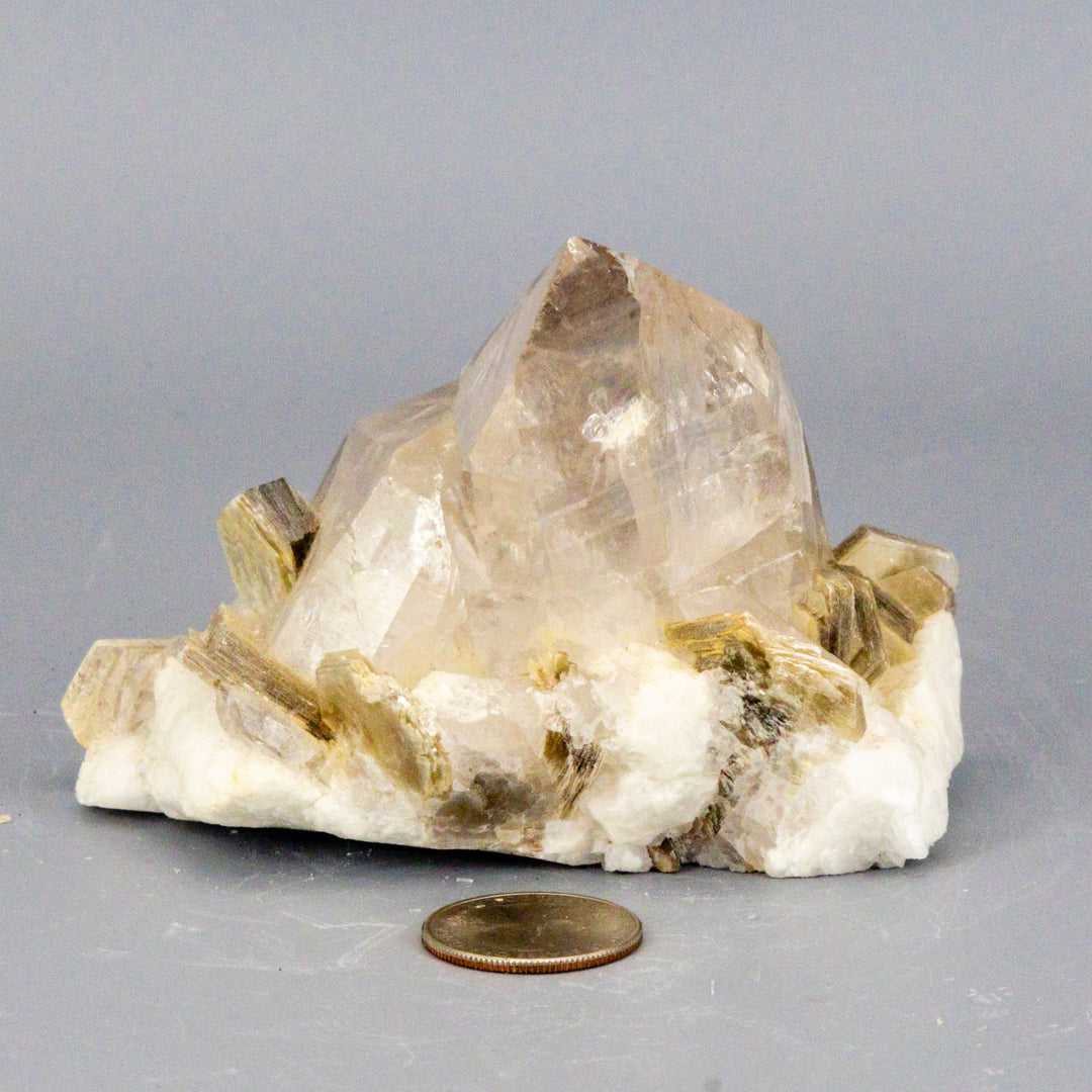 Amazing Clear Quartz Cluster with Book Muscovite (Mica) On Calcite "Rare AAAA+"-Clusters-Crystal Destiny-Quartz / Muscovite / Calcite-462g - 4.00"L x 3.50"W 3.25"T-Crystal Destiny