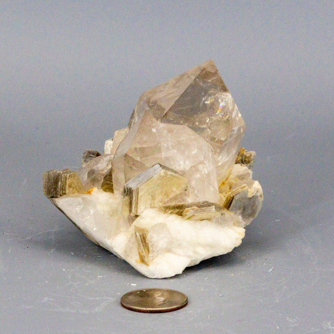 Amazing Clear Quartz Cluster with Book Muscovite (Mica) On Calcite "Rare AAAA+"-Clusters-Crystal Destiny-Quartz / Muscovite / Calcite-462g - 4.00"L x 3.50"W 3.25"T-Crystal Destiny