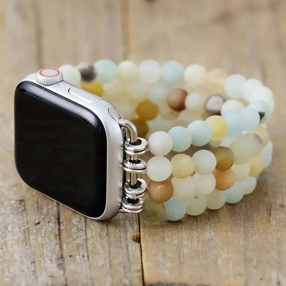 Amazonite Crystal Apple Watch Band with matte turquoise-green beads, transforming your watch into a wearable wellness tool.