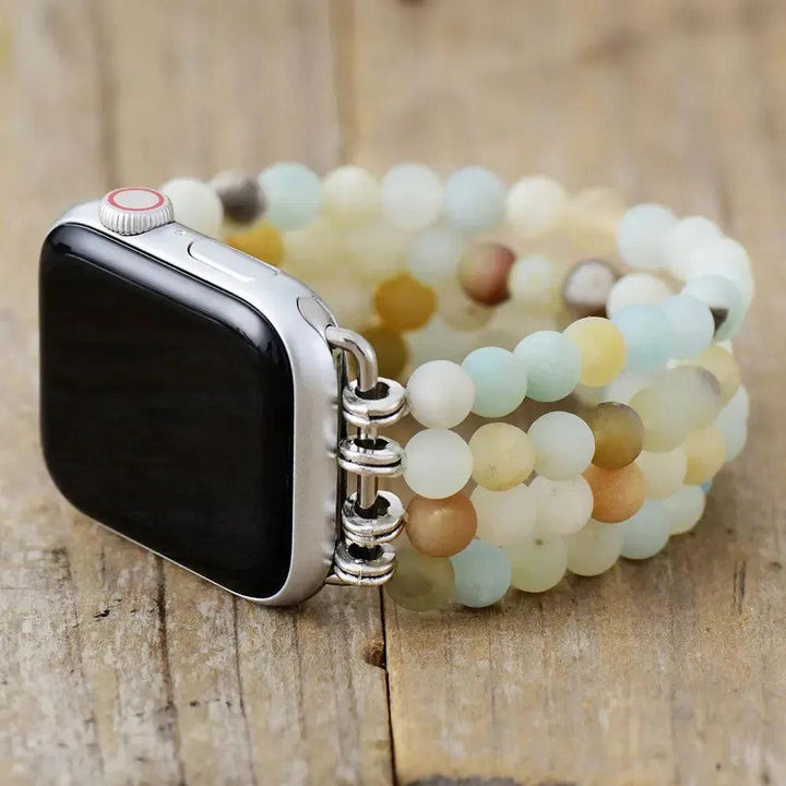 Amazonite Crystal Apple Watch Band with matte turquoise-green beads, transforming your watch into a wearable wellness tool.