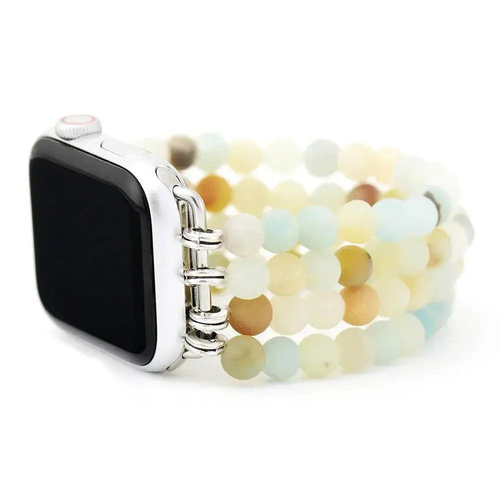 Amazonite Crystal Apple Watch Band with matte turquoise-green beads for calming energy and authentic self-expression.