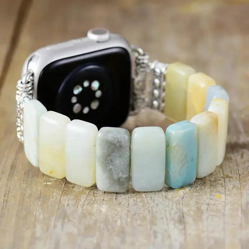 Handcrafted Amazonite Apple iWatch Band with soothing turquoise-green crystal beads for courage and truth.