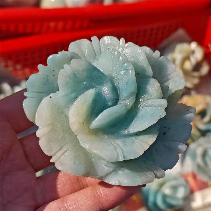 Hand-carved amazonite flower sculpture in soft teal-green, perfect for calming energy and Heart Chakra healing.