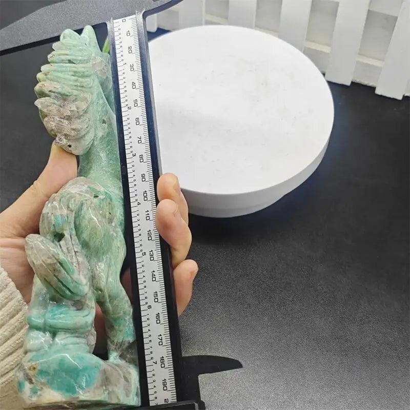 Hand-carved Amazonite horse sculpture in vivid teal-green with white veining, measured for scale, Heart Chakra crystal.