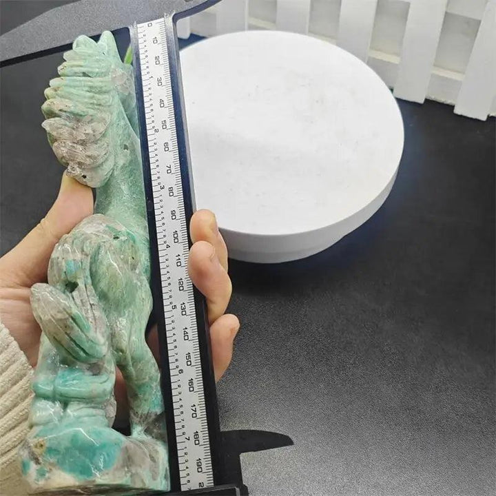 Hand-carved Amazonite horse sculpture in vivid teal-green with white veining, measured for scale, Heart Chakra crystal.