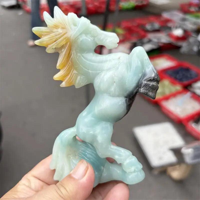 Hand-carved Amazonite horse sculpture featuring calming seafoam tones and a polished finish for peaceful energy.