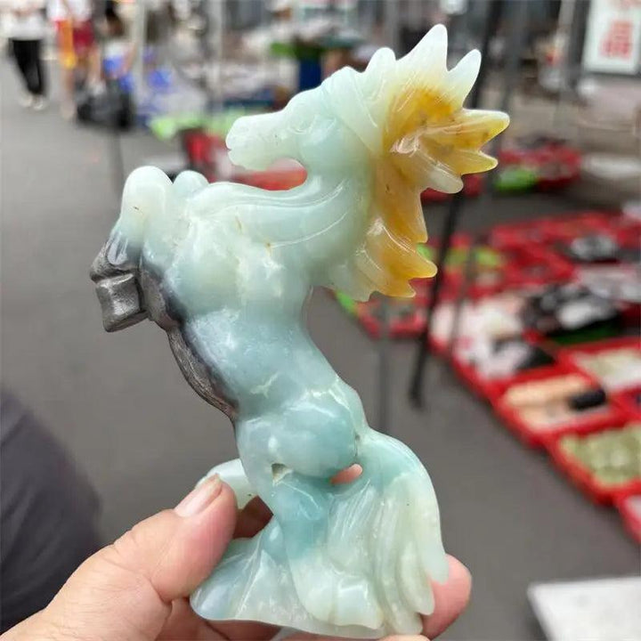 Hand-carved Amazonite horse sculpture with a polished seafoam finish, perfect for heart-opening, calming energy.
