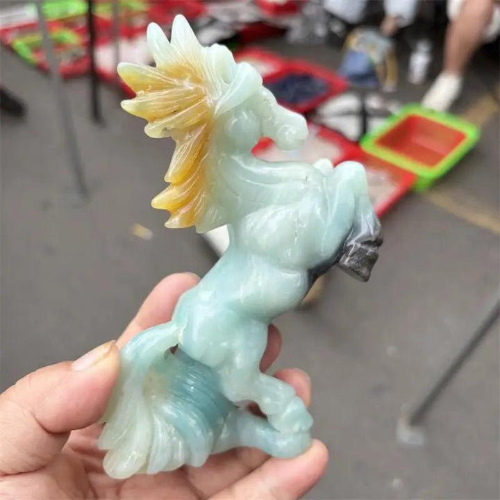 Hand-carved Amazonite horse sculpture with calming seafoam tones and a polished finish for heart-opening energy.