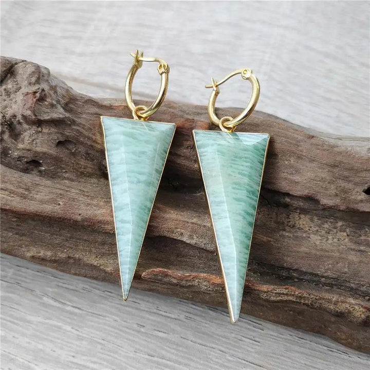 FUWO Carved Triangle Amazonite Earrings: Gold-plated hoops with natural green crystal for office/career style.