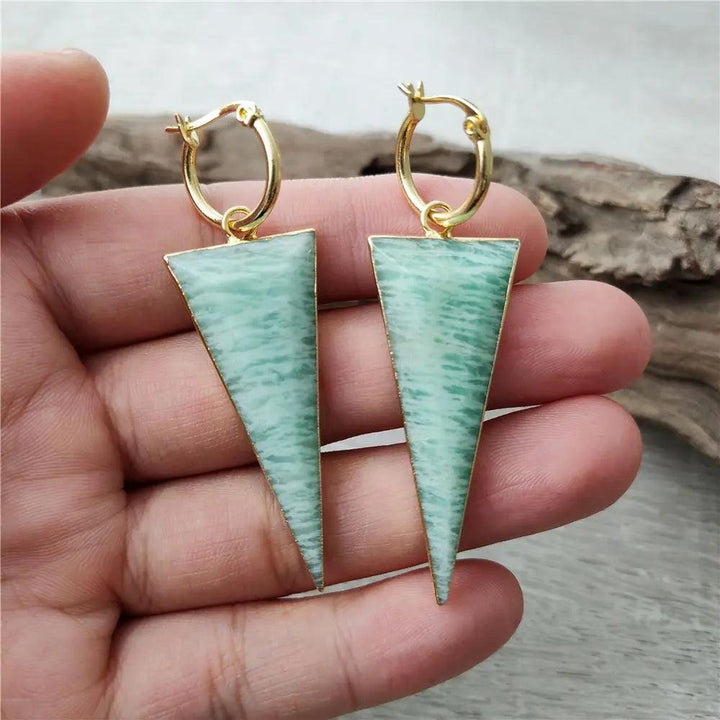 FUWO Carved Triangle Amazonite Earrings: Gold-plated hoops with natural green crystal for elegant style.