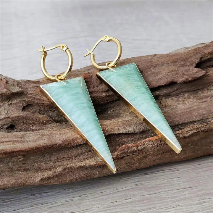 FUWO Carved Triangle Amazonite Earrings: Gold-plated hoops with natural green crystal for office/career style.