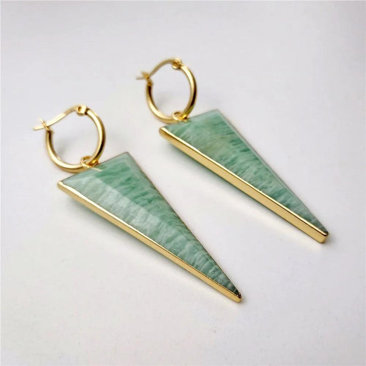 FUWO Carved Triangle Amazonite Earrings: Gold-plated hoops with natural green crystal for office/career style.