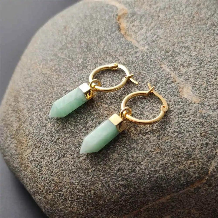 FUWO Natural Amazonite Point Earrings: Golden plated hoops with faceted green amazonite stone drops, perfect for women.