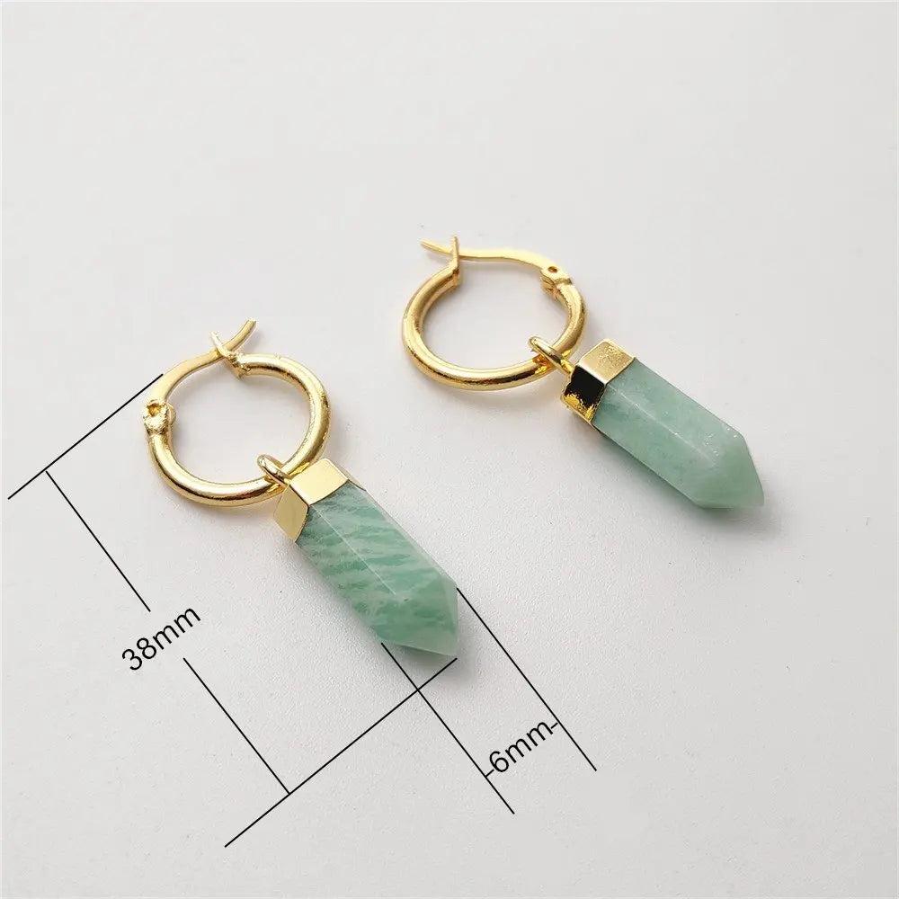 FUWO Natural Amazonite Point Earrings: Golden plated hoops with faceted green amazonite stone drops, 38mm length.