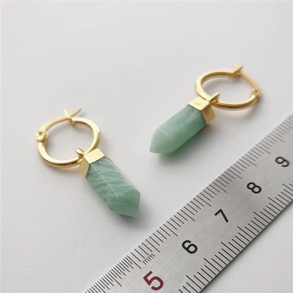 FUWO Natural Amazonite Point Earrings: Golden plated hoops with faceted green amazonite stone drops, measured for perfect fit.