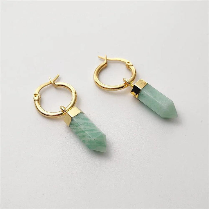 FUWO Natural Amazonite Point Earrings: Golden plated hoops with faceted green amazonite crystal drops for women.