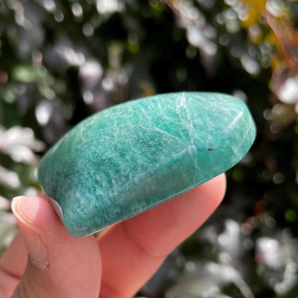 Amazonite Crystal Polished Heart Figurine: Smooth, teal, and cream natural stone for calm and open communication.