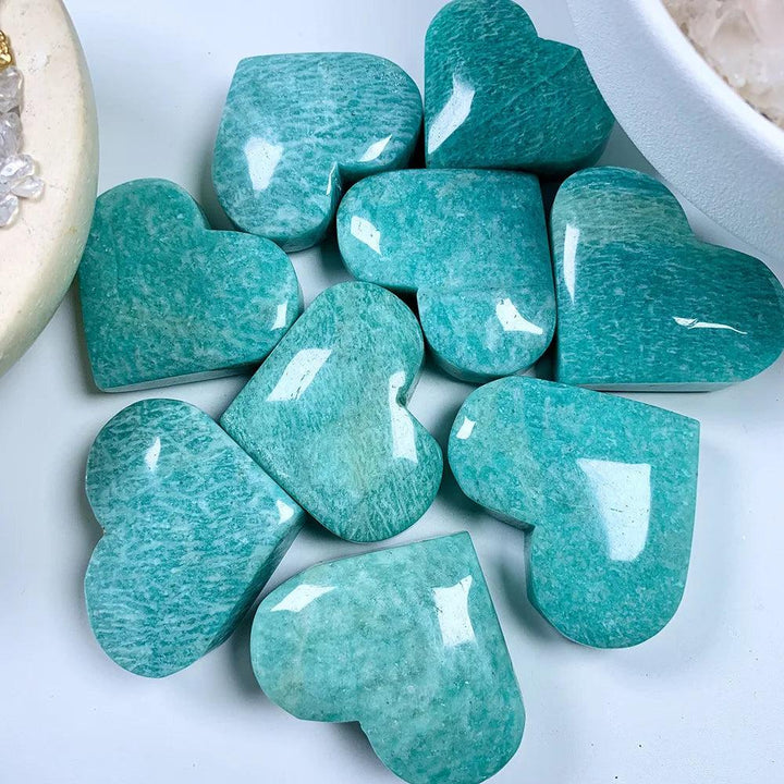 Polished Amazonite Crystal Heart Figurine: smooth teal and cream natural stone for peace and open communication.