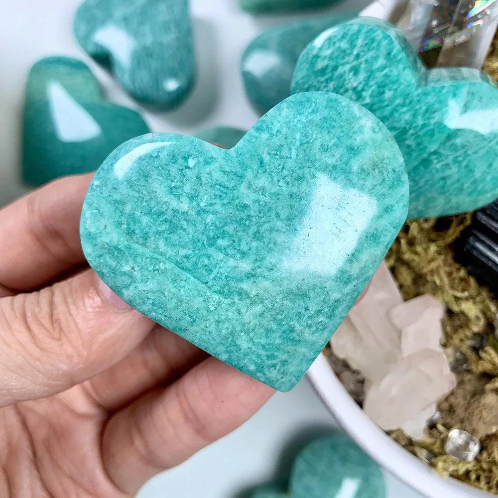 Hand-polished Amazonite Crystal Heart Figurine, a calming teal and cream natural stone for peace and open communication.