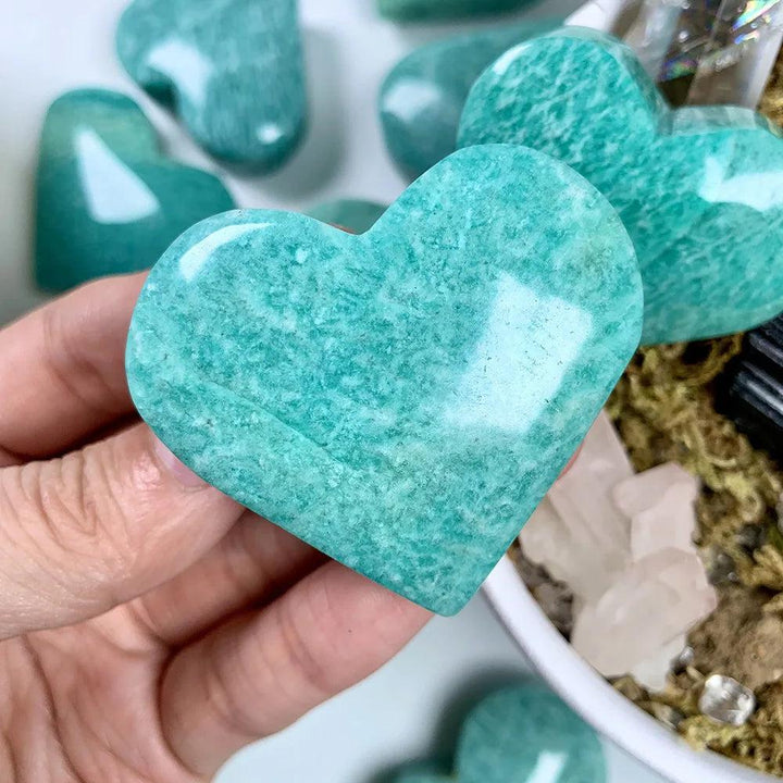 Hand-polished Amazonite Crystal Heart Figurine, a calming teal and cream natural stone for peace and open communication.