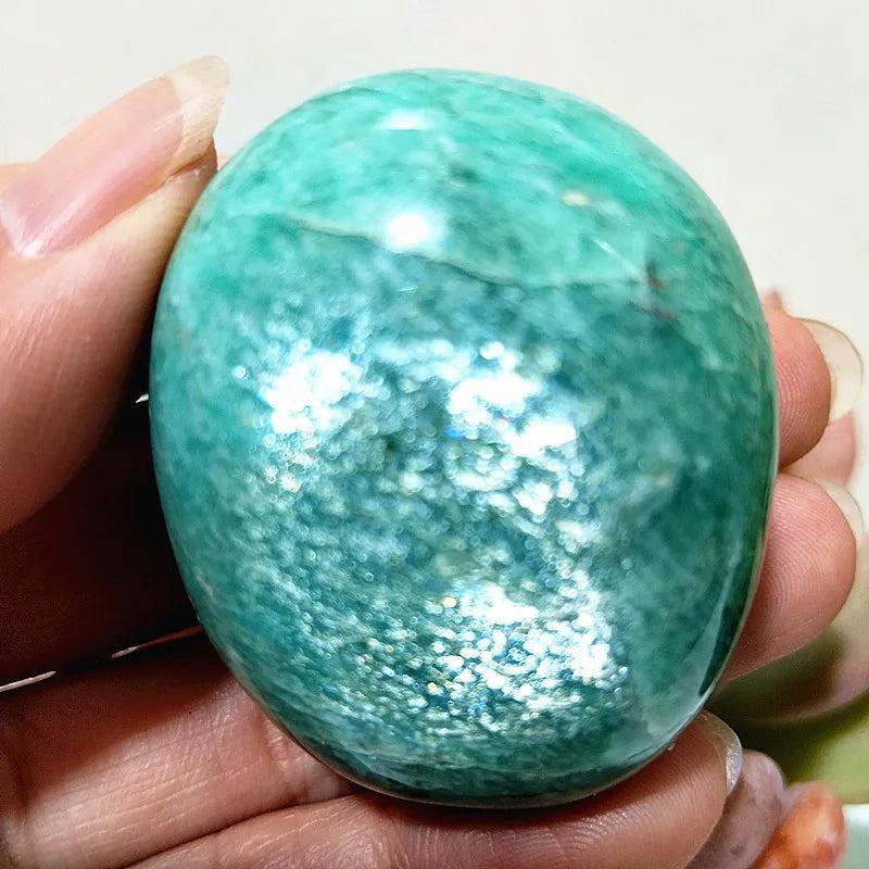 Polished Amazonite Crystal Palm Stone, a calming teal and cream natural specimen for peace and clear communication.