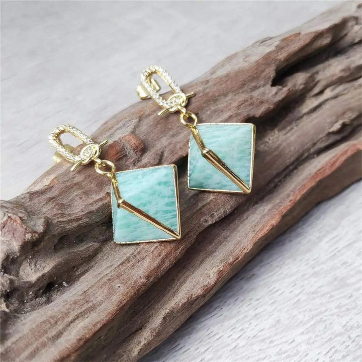 Amazonite Crystal Pyramid Drop Earrings: Soft teal amazonite with gold zircon accents for calm communication.