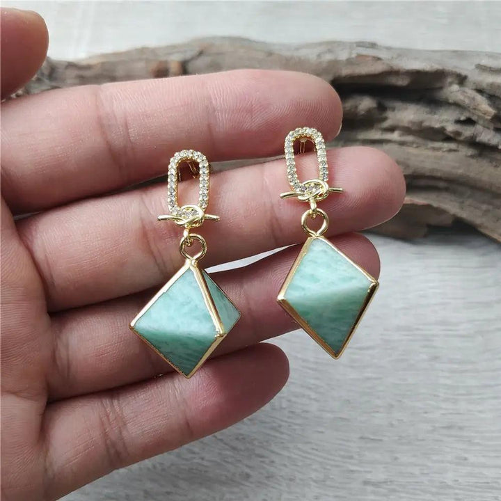 Amazonite Crystal Pyramid Drop Earrings: soft teal amazonite, gold-plated, zircon inset. Calm communication & balance.