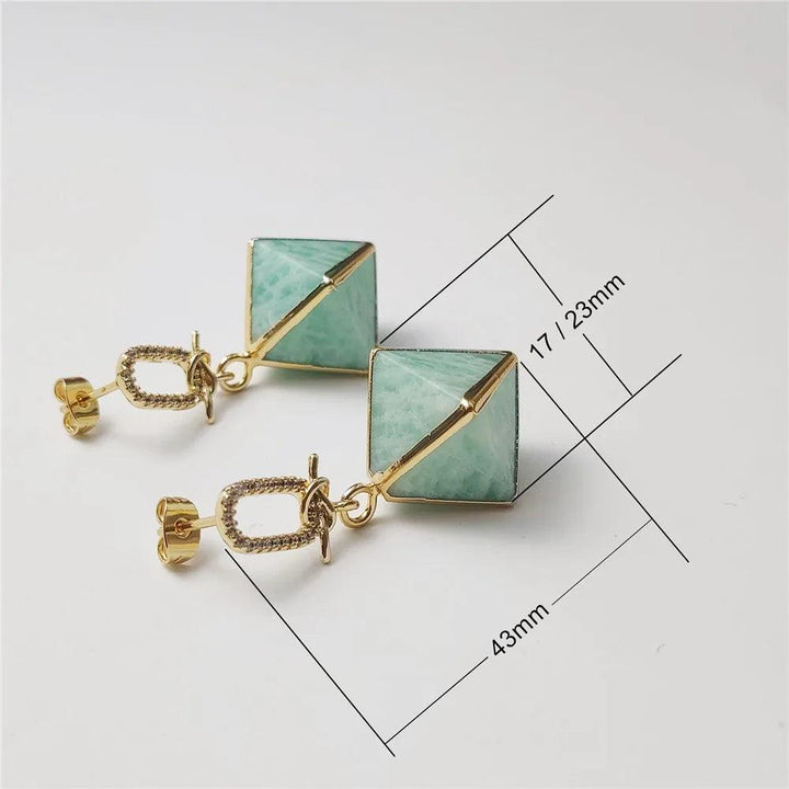 Amazonite Crystal Pyramid Drop Earrings: Soft teal amazonite pyramids with gold zircon accents, promoting calm communication.