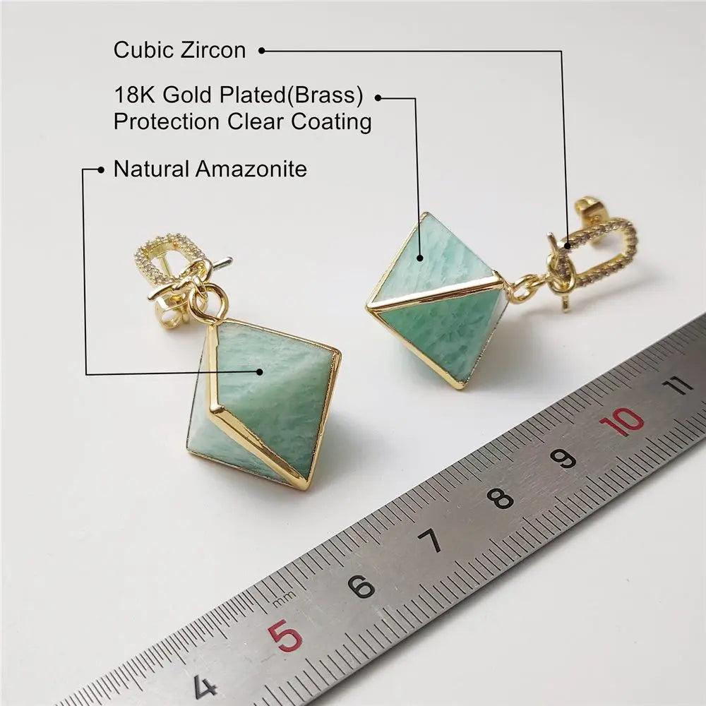 Amazonite Crystal Pyramid Drop Earrings: soft teal amazonite, gold-plated setting, zircon inset for calm communication.