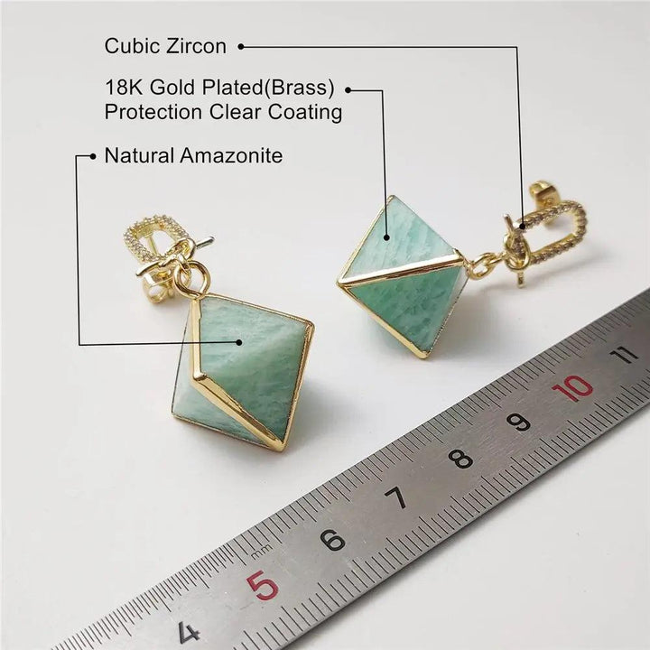 Amazonite Crystal Pyramid Drop Earrings: soft teal amazonite, gold-plated setting, zircon inset for calm communication.