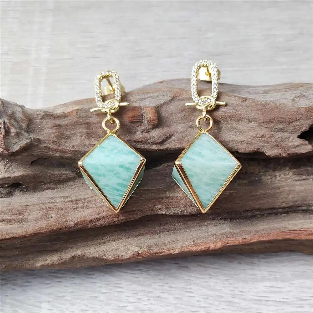 Amazonite Crystal Pyramid Drop Earrings: soft teal, gold-plated, zircon inset. Promotes calm communication.