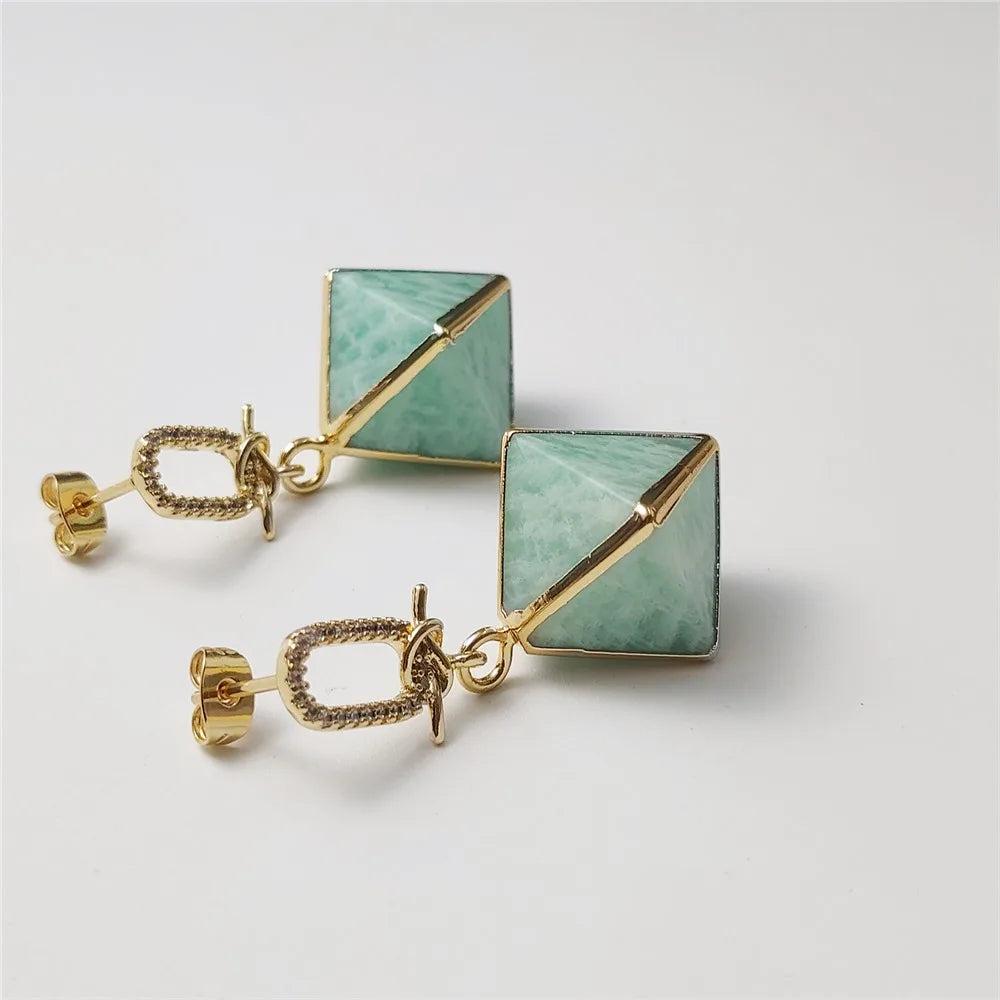 Amazonite Crystal Pyramid Drop Earrings: soft teal pyramids with gold zircon accents for calm communication.