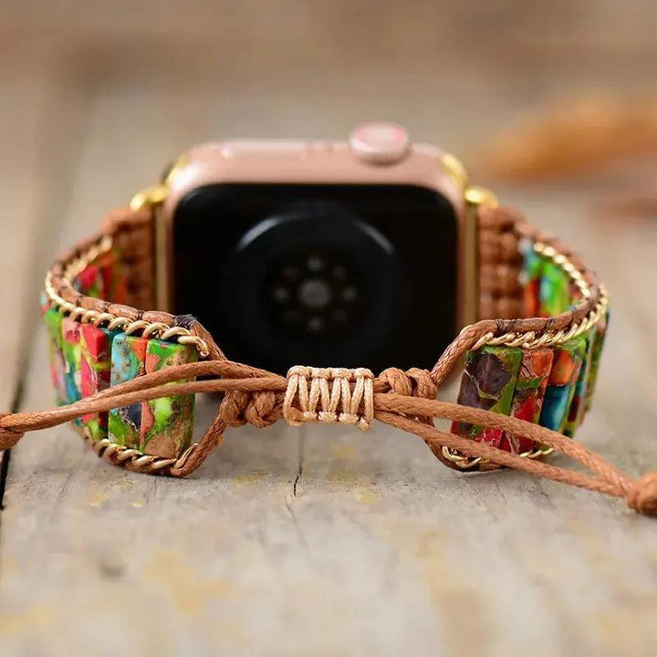 Chakra, Amazonite, Jasper Apple iWatch Band with vibrant turquoise, aqua-green, and earthy tones for calming energy.