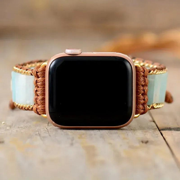 Chakra Amazonite Apple iWatch band with turquoise-aqua beads and brown braided cord, promoting calm and courage.