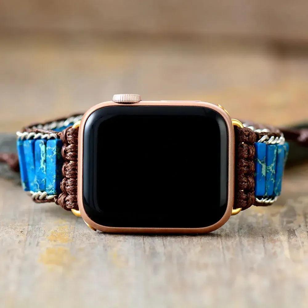 Rose gold Apple Watch with a handcrafted blue Jasper and brown macrame band.