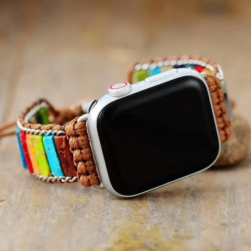 Chakra, Amazonite, Jasper Apple iWatch Band with vibrant, soothing crystal beads and braided brown leather.
