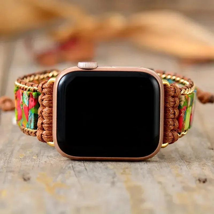 Chakra Amazonite Jasper Apple iWatch band with soothing turquoise beads and vibrant bohemian design.