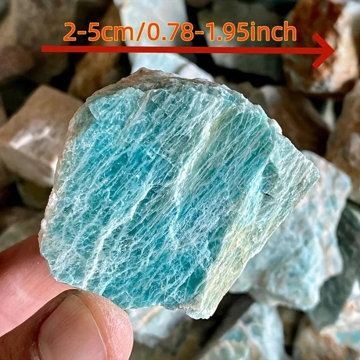 Raw Amazonite crystal with natural blue-green texture, 2-5cm rough stone for heart chakra healing and peace.